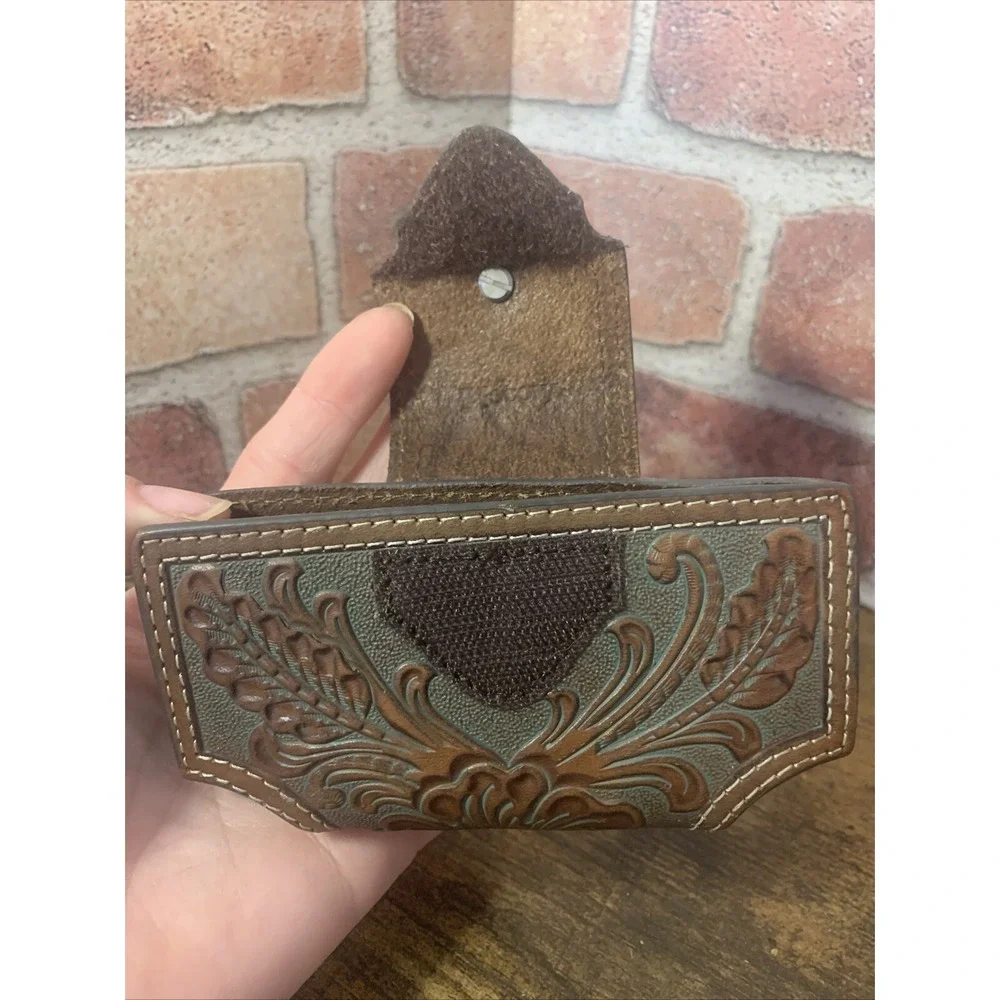 Nocona Phone Holder Case Leather Round Concho Turquoise & Brown With Clip